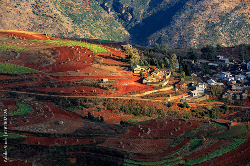 Dongchuan Red Soil, Colored Earth Terraces - Red Soil, Green Grass, Layered Terraces in Yunnan Province, China. Chinese Countryside, Agriculture, Exotic Unique Landscape. Farmland, Agriculture