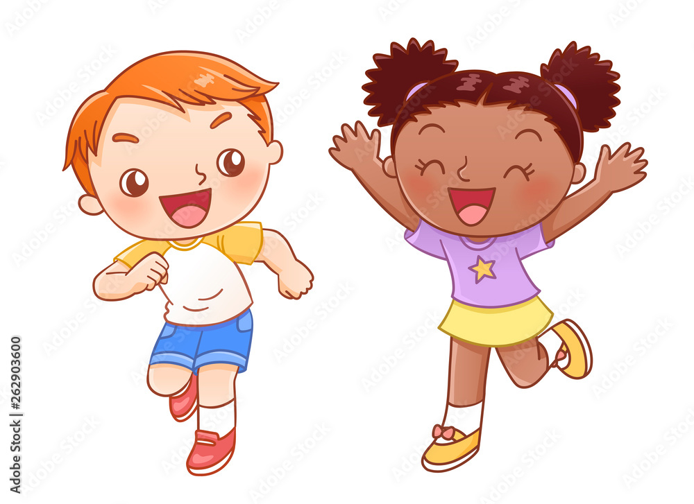 Boy and girl laughing and running Boy and girl laughing and running