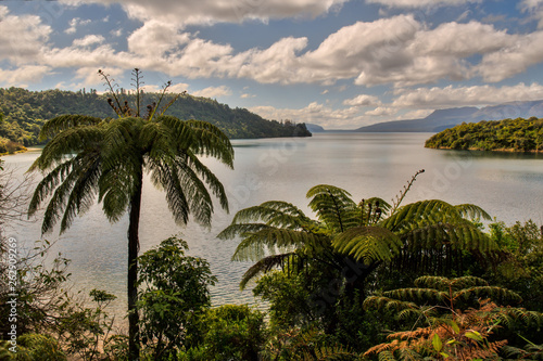 Lake Tarawera scenery on a calm but cloudy summers day