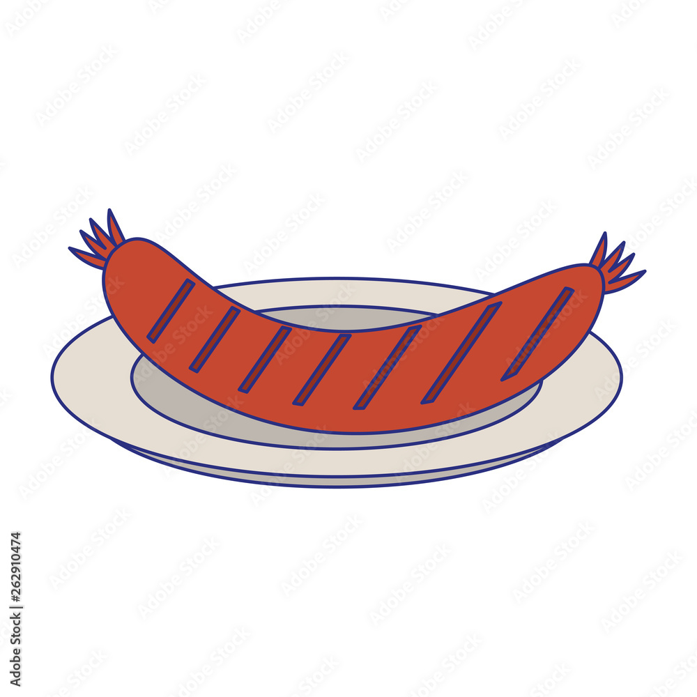 Sausage on dish bbq food blue lines Sausage on dish bbq food blue lines