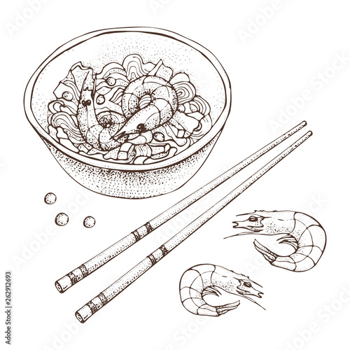 Noodles with shrimp. Hand drawn asian food illustration. Chopsticks. Great for banner, poster, menu decor
