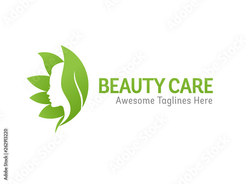 nature beauty care logo design, beauty face with green leaf logo vector