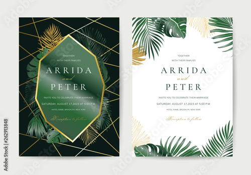 Wedding invitation,Thank You Card, rsvp, posters design collection with marble texture background,Geometric Shape,Gold and Tropical Leaves design - Vector