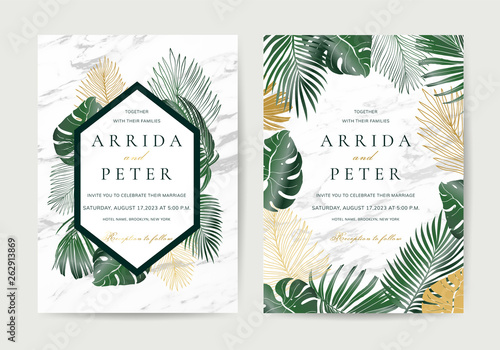 Wedding invitation,Thank You Card, rsvp, posters design collection with marble texture background,Geometric Shape,Gold and Tropical Leaves design - Vector
