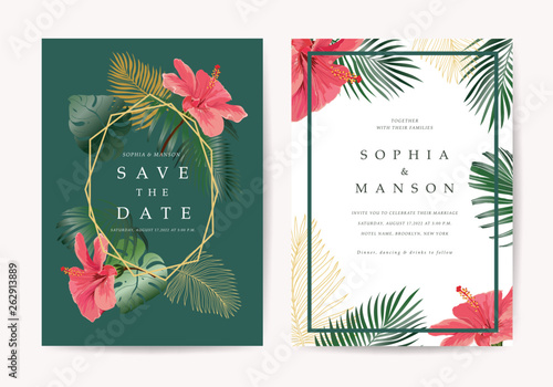 Wedding invitation,Thank You Card, rsvp, posters design collection with marble texture background,Geometric Shape,Gold and Tropical Leaves design - Vector