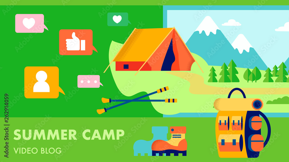 Summer Camp Video Blog Flat Vector Illustration