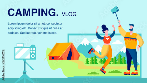 Hiking, Camping Vlog Flat Banner Vector Template