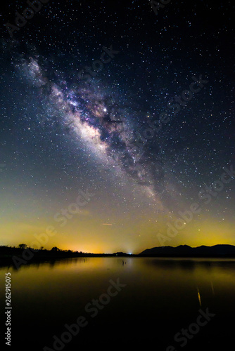 milky way at the lake in night time