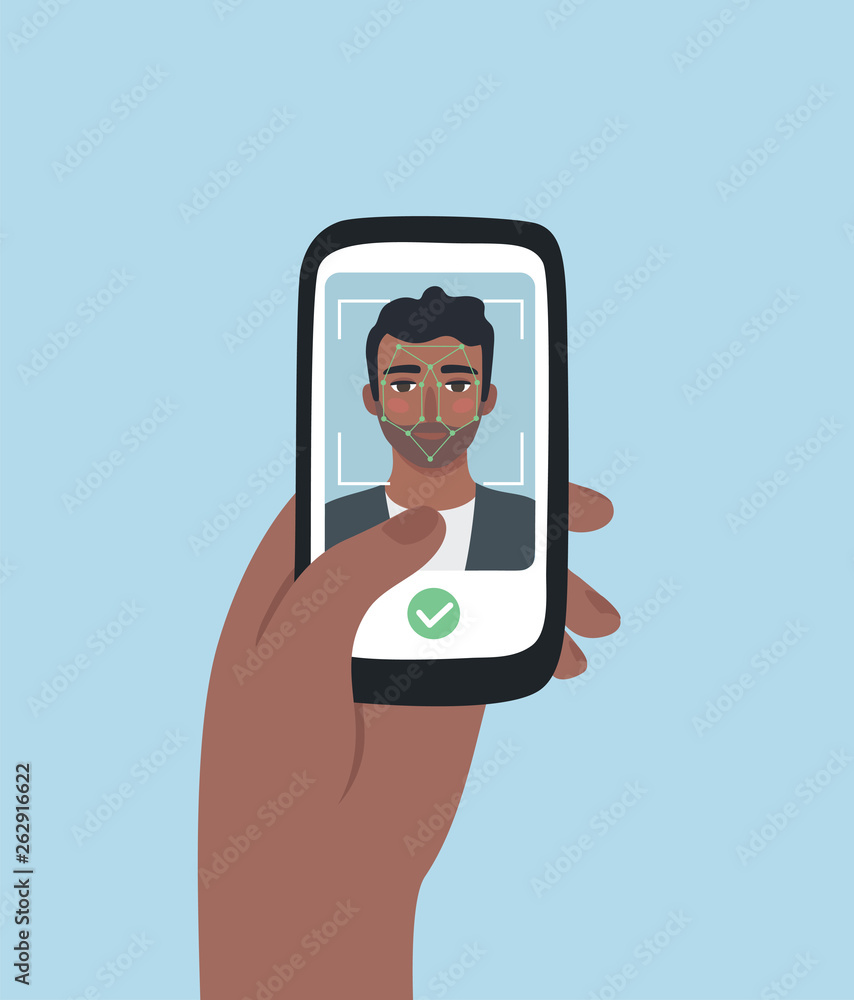 Face Recognition Technology on smartphone. African American man scanning his face to get access with Biometric identification Mobile app. Flat style, vector illustration.