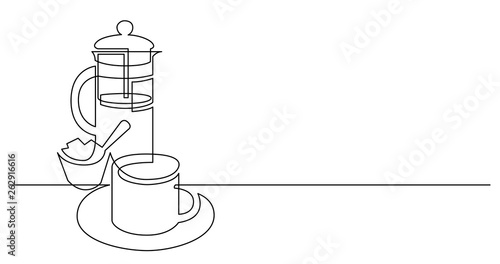 continuous line drawing of coffee cup sugar and french press