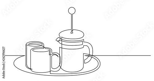 continuous line drawing of coffee french press and couple of coffee mugs