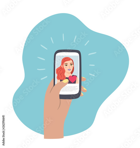 Feeding faithful followers. Social media addiction. Hand holding smartphone with beautiful girl on screen. Flat style, vector illustration isolated on white background.