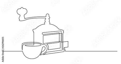 continuous line drawing of coffee grinder and cup on table