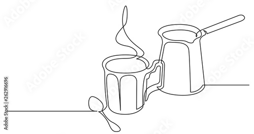 continuous line drawing of cup of hot coffee and traditional turkish jezva