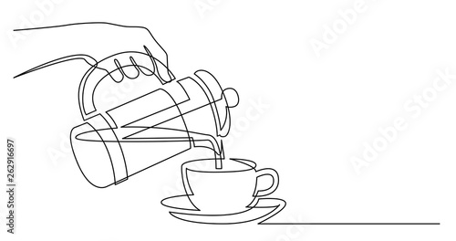 continuous line drawing of hand holding french press pouring coffee in cup