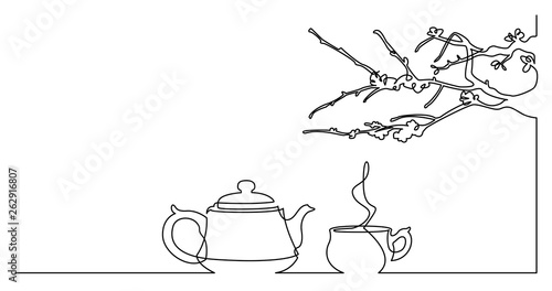 continuous line drawing of traditional oriental tea pot with cup under sakura brunch