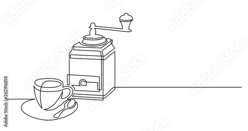 continuous line drawing of vintage coffee manual grinder with cup of coffee on table