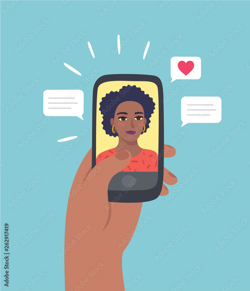 Chat on video call. Long distance romance. Online dating concept. Hand holding smartphone with beautiful African American woman on screen. Sending heart and text message. Flat vector illustration. Chat on video call. Long distance romance. Online dating concept. Hand holding smartphone with beautiful African American woman on screen. Sending heart and text message. Flat vector illustration.