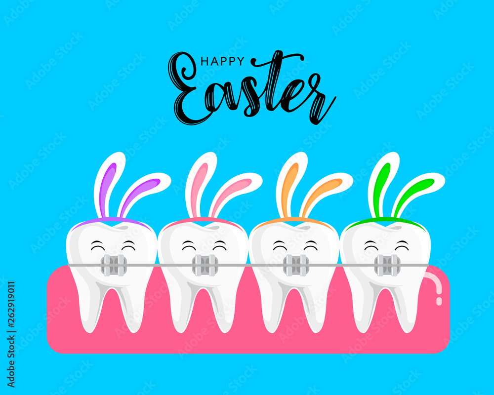 Obraz premium Teeth with braces and rabbit ear. Orthodontic braces in Easter concept. Vector illustration isolated on blue background.