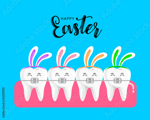 Teeth with braces and rabbit ear. Orthodontic braces in Easter concept. Vector illustration isolated on blue background.