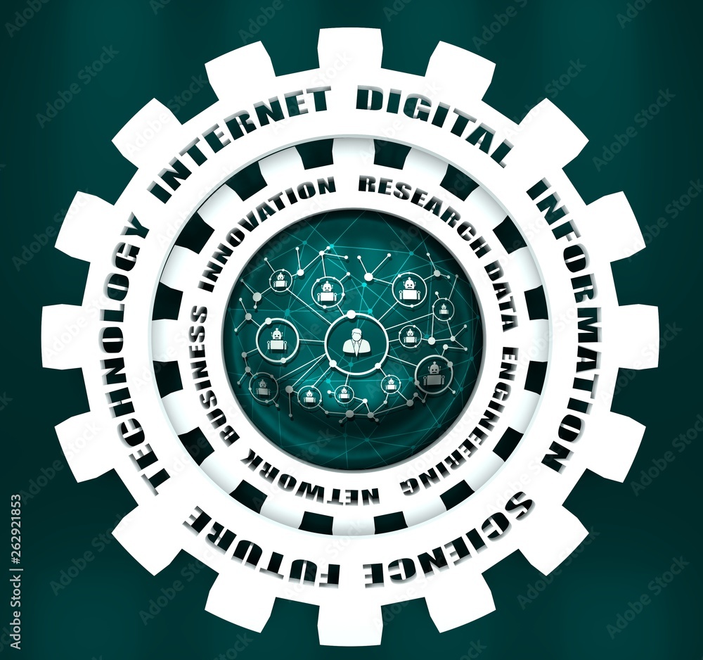 Technology relative words on the mechanism of gears. Concept in industrial design. 3D rendering. Connected symbols for digital, interactive and global communication concept. Human and robot teamwork Technology relative words on the mechanism of gears. Concept in industrial design. 3D rendering. Connected symbols for digital, interactive and global communication concept. Human and robot teamwork