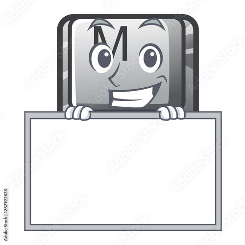 Grinning with board button M on a keyboard mascot