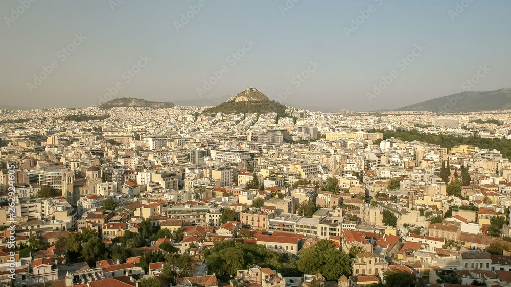 wide shot of lycabettus hill and athens, greece