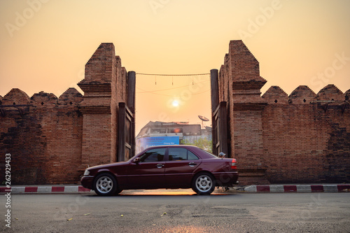 Chiang Mai thailand - 21 Mar 2019 vernalequinox Sun rise at center of tha phae gate . this phenomenon will happen 2 time per years. photo