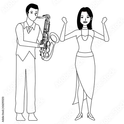 musician playing saxophone and dancer black and white