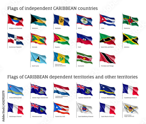 Wavy flags of independent Caribbean countries and dependent territories. Officially recognized flag of state on flagpole. Realistic national and political identity. Patriotic vector illustration.