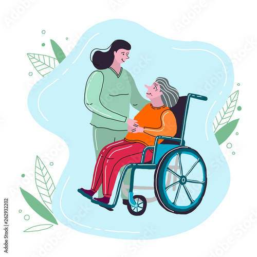 Nurse helps elderly woman. Caring for the elderly. Vector illustration in a hand drawn style.
