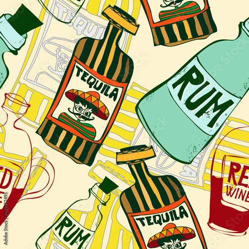 hand drawn colorful seamless pattern background with Mexican alcoholic drinks, tequila, rum, and red wine bottles, ideal for print, poster, textile, web and other designs, eps10 vector illustration