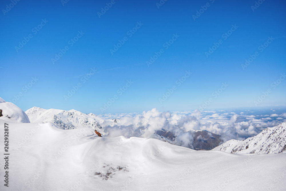 Beautiful view above the clouds over mountains and valley. Beautiful view above the clouds over mountains and valley.