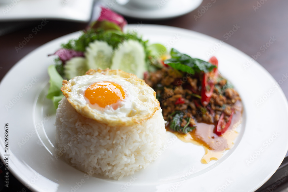 Minced pork basil rice Fried egg. Popular Thai food