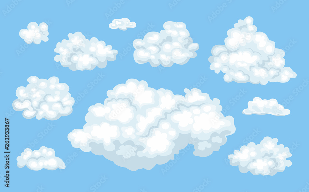 Clouds. Set of vector cartoon clouds on blue background. Cloudy sky in simple flat style.