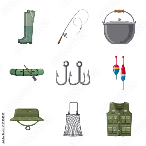 Vector illustration of fish and fishing sign. Collection of fish and equipment stock vector illustration.