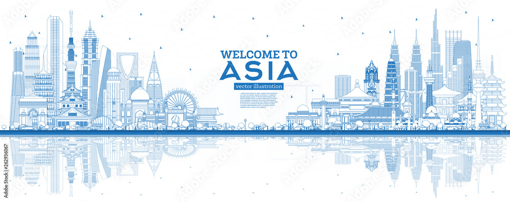 Outline Welcome to Asia Skyline with Blue Buildings.