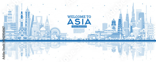 Outline Welcome to Asia Skyline with Blue Buildings.