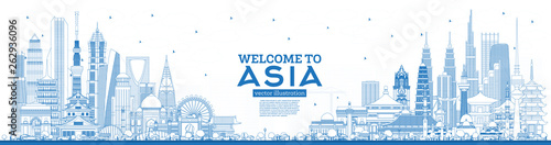 Outline Welcome to Asia Skyline with Blue Buildings.