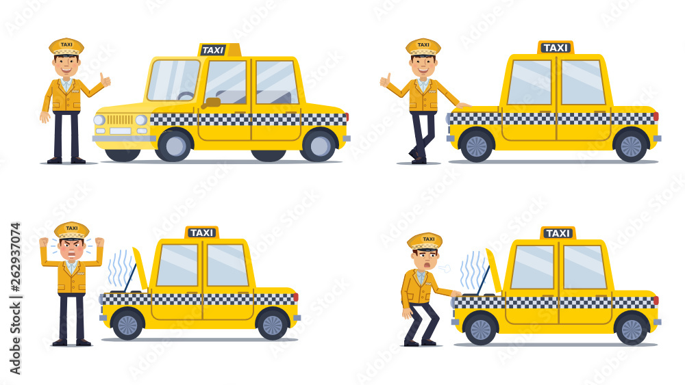 Illustration of a taxi driver posing with a car in different situations. Cheerful driver showing thumb up gesture, tired, angry. Flat style vector illustration Illustration of a taxi driver posing with a car in different situations. Cheerful driver showing thumb up gesture, tired, angry. Flat style vector illustration