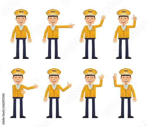 Set of taxi driver characters showing different hand gestures. Cheerful driver showing thumb up gesture, this way, greeting, waving, pointing up, victory sign. Flat style vector illustration