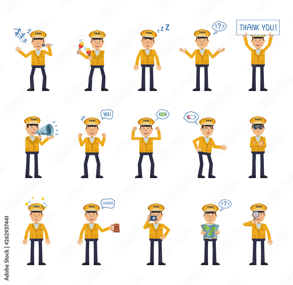 Set of taxi driver characters showing different actions, gestures, emotions. Cheerful driver singing, sleeping, holding banner, loudspeaker, map and doing other actions. Simple vector illustration Set of taxi driver characters showing different actions, gestures, emotions. Cheerful driver singing, sleeping, holding banner, loudspeaker, map and doing other actions. Simple vector illustration
