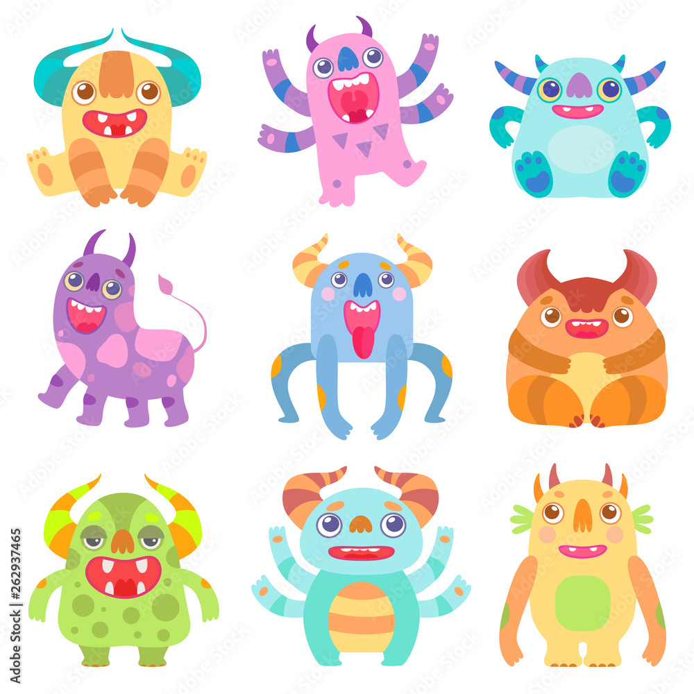 Fototapeta premium Cute Friendly Monsters with Horns, Friendly Funny Aliens Cartoon Characters Fantastic Creatures Vector Illustration