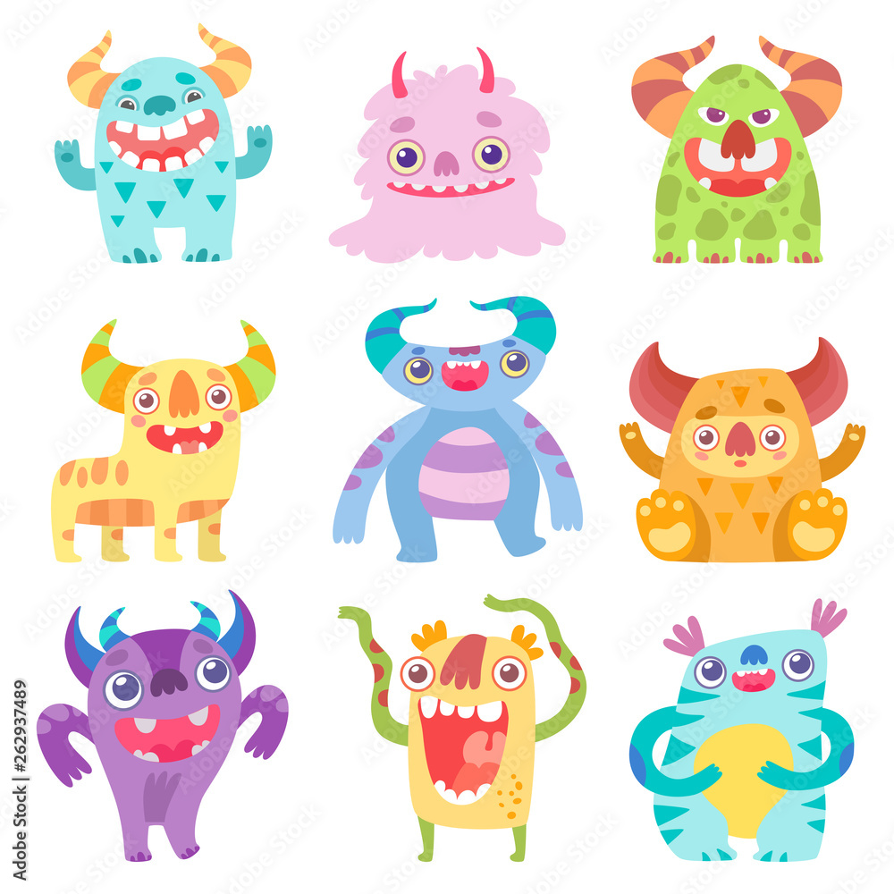 Cute Smiling Toothy Monsters, Friendly Funny Colorful Aliens Cartoon Characters Vector Illustration