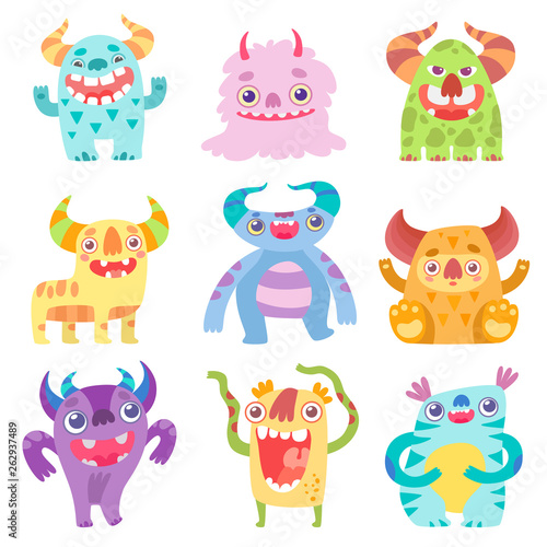 Cute Smiling Toothy Monsters  Friendly Funny Colorful Aliens Cartoon Characters Vector Illustration