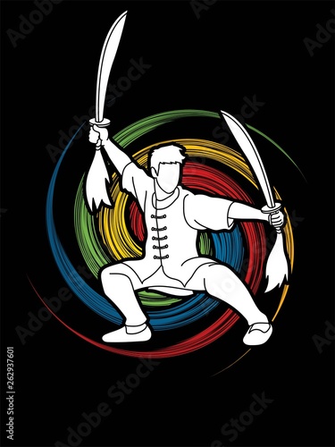 Kung Fu, Wushu with swords pose cartoon graphic vector