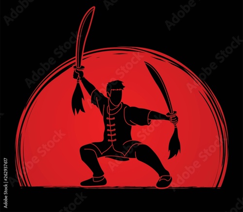 Kung Fu, Wushu with swords pose cartoon graphic vector