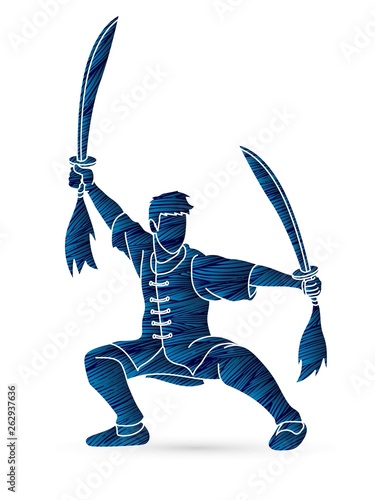 Kung Fu, Wushu with swords pose cartoon graphic vector