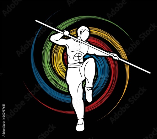 Kung Fu with quarterstaff action cartoon graphic vector.