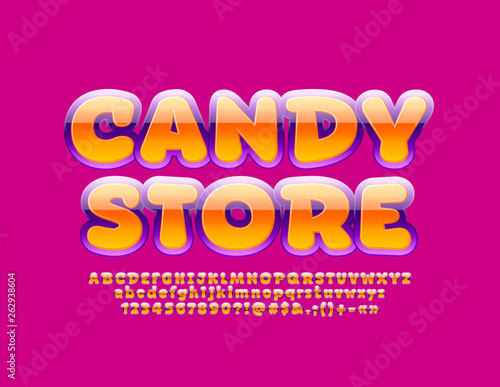 Vector bright glossy logo Candy Store with funny Alphabet. Colorful Kids Font. Set of Letters, Numbers and Symbols